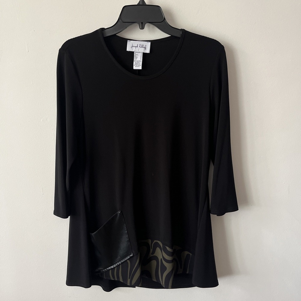 Joseph‎ Ribkoff Silky Tunic Top Abstract Print Layer Black Green Pocket Elegant
